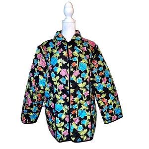 Alfred Dunner Quilted Lightweight Reversible Jacket Pockets Floral Black Size 16